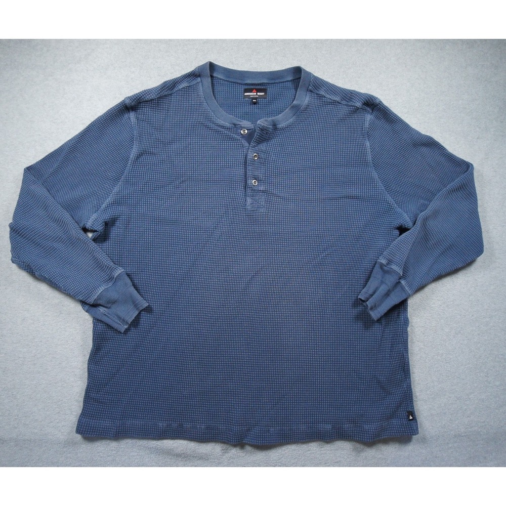 American Giant Shirt Mens 2XL XXL Blue Henley Long Sleeve Waffle Knit Cotton
